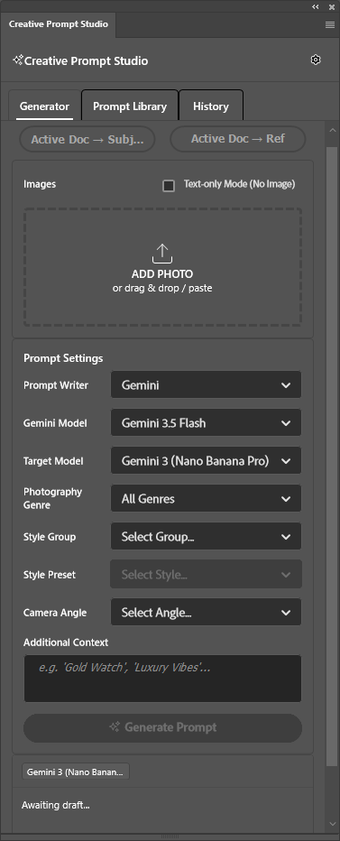Creative Prompt Studio panel in Adobe Photoshop